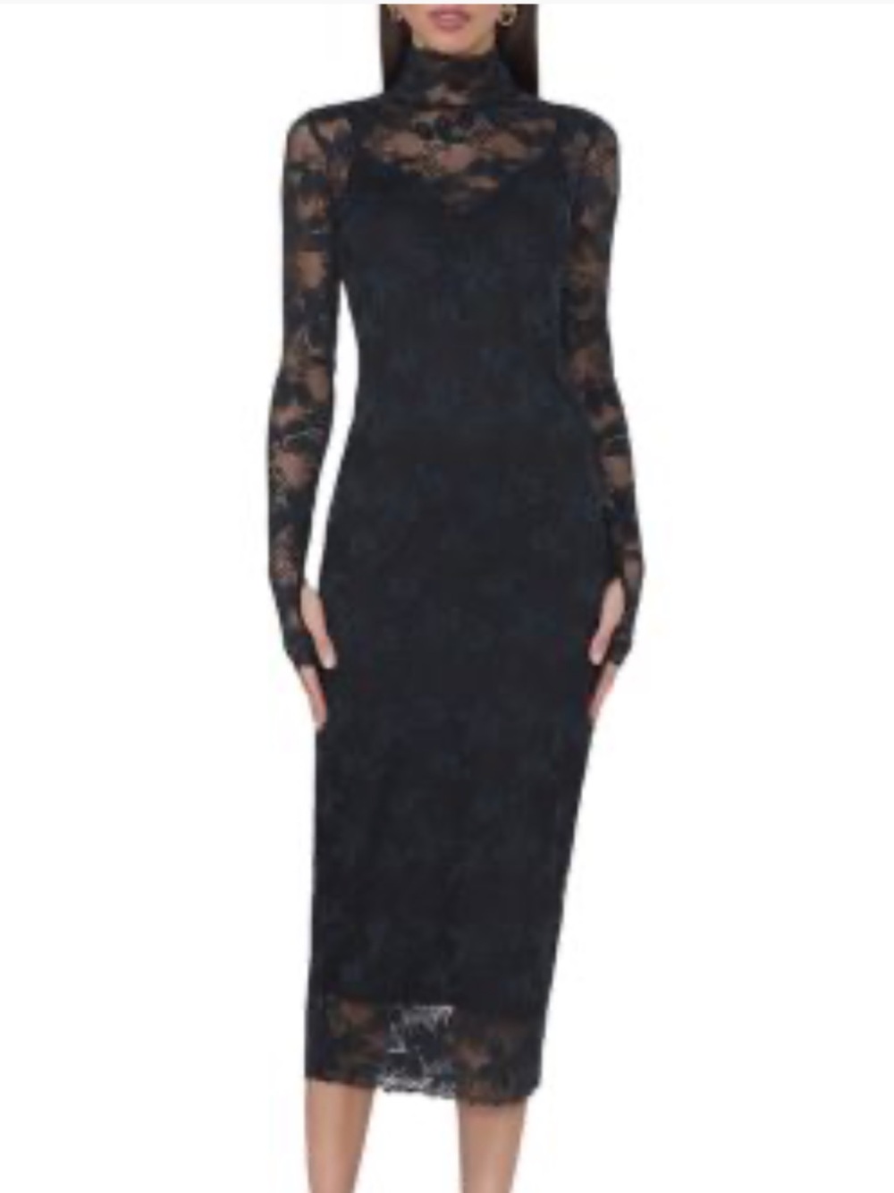 AFRM Shailene Black Lace Midi Dress with Long Sheer Sleeves